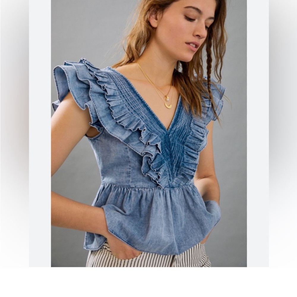 Anthropologie Washed Blue Ruffle V-Neck Peplum Blouse